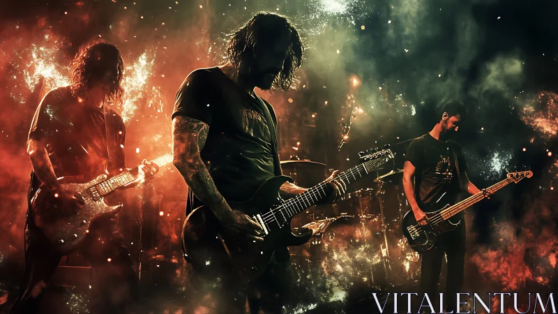 Cinematic rock band performance with fiery atmospheric lighting.