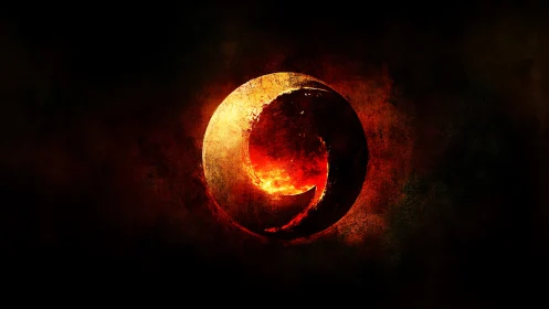 Burning circular emblem curves through dark textured void