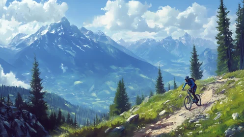 Alpine Mountain Landscape with Gravel Trail Cyclist and Layered Summit Perspective