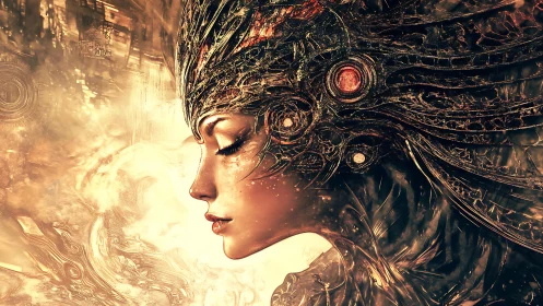 Cybernetic woman in ornate biomechanical headpiece.