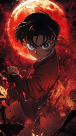 Determined anime hero stands before a blazing blood moon.