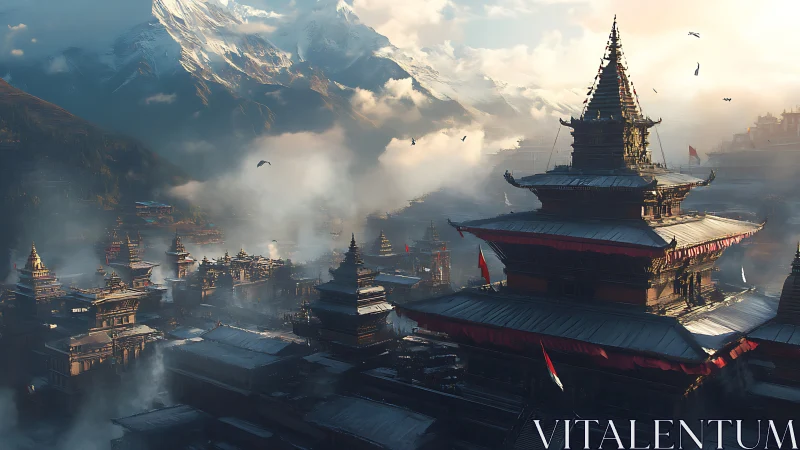 Sunlit mountain temples rising through drifting valley mist.