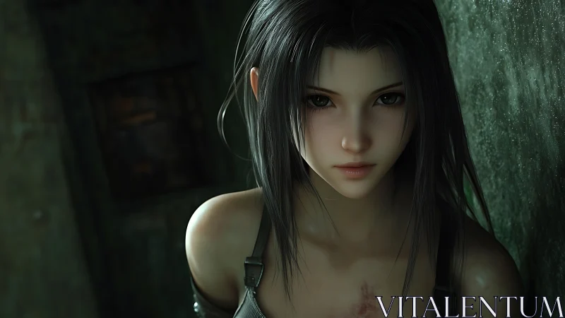 Digital portrait shows focused woman in dim urban setting