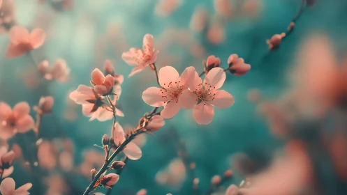Soft-focus cherry blossoms with pale pink petals against turquoise background.