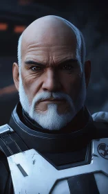 Armored veteran officer stares forward under cold light