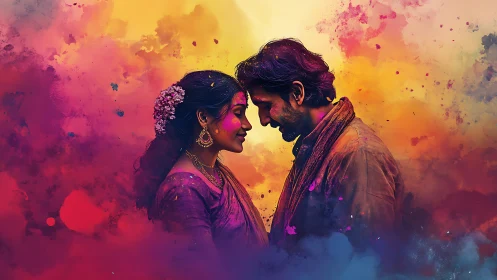 Loving couple leans together amid vibrant Holi color clouds