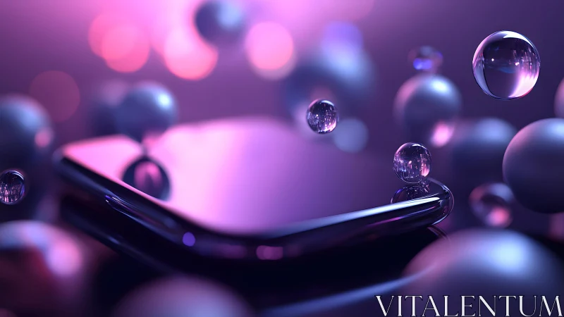 Futuristic smartphone with floating glass spheres in neon lighting. Futuristic smartphone with floating glass spheres in neon lighting.