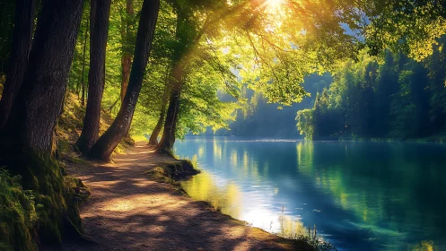 Forest lake path under golden sunrise filtering through trees