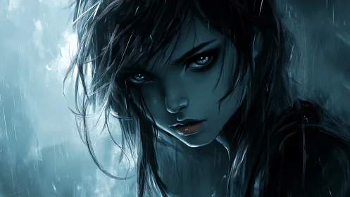 Stormlit gaze of a fierce girl in moody blue rain.