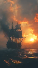 Tall ship cuts through stormy sea under burning sunset sky