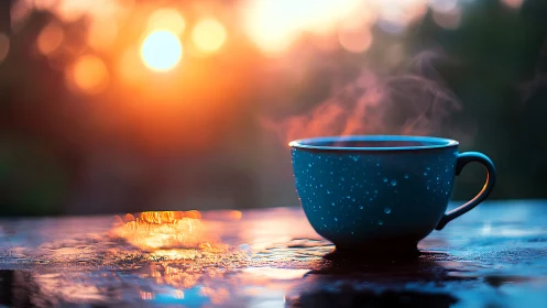 Blue coffee cup steams against vivid sunrise bokeh light