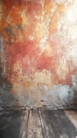 Weathered rustic wall with warm tones and wooden floor backdrop.