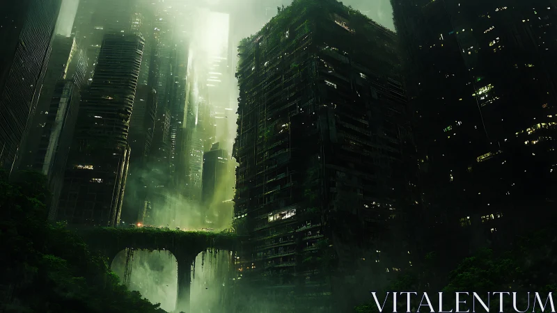 Emerald overgrowth swallowing a silent posthuman megacity.