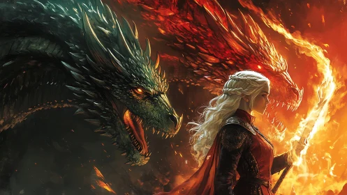 Fiery dragon guardian stands beside warrior in blazing light