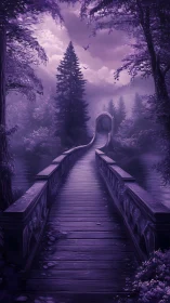 Mystical violet forest bridge leading toward a hidden doorway.