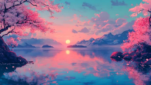Sunset lake with pink blossom trees and distant mountains.