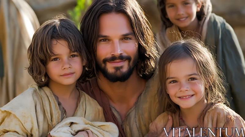 A Man and Children Share a Warm Embrace Outdoors