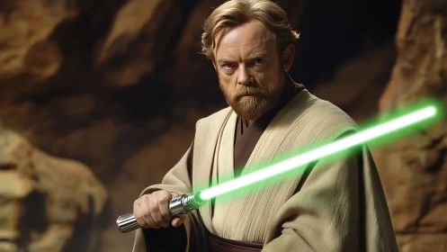 Jedi warrior with ignited green lightsaber in rocky desert environment