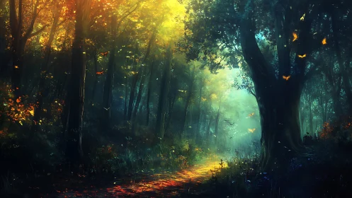 Enchanted forest pathway with golden light and flying butterflies