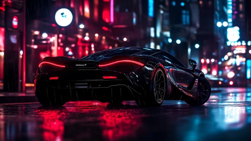 Black supercar on wet neon city street at night scene.