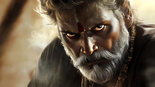 Close portrait shows intense gaze of bearded older man