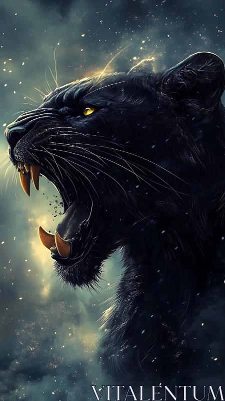 Snarling Black Panther with Luminous Particle Aura and Dramatic Lighting