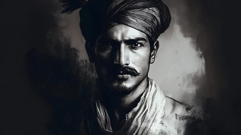 Intense turbaned portrait emerges from chiaroscuro shadows.