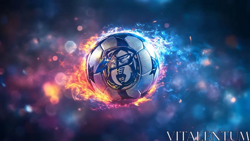Fiery blue energy engulfs metallic soccer ball in motion.