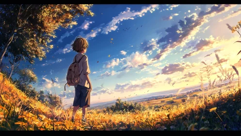 Backlit hillside wanderer under volumetric sunset sky.