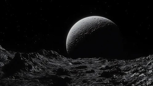 Crescent moonrise over cratered lunar horizon in space.
