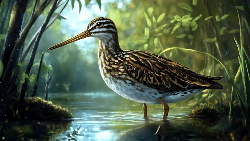 Realistic snipe bird wading in lush forest stream, digital art style.
