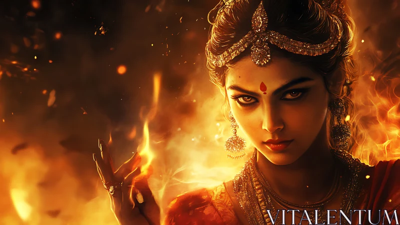 Woman in ornate jewelry surrounded by controlled fire glow.