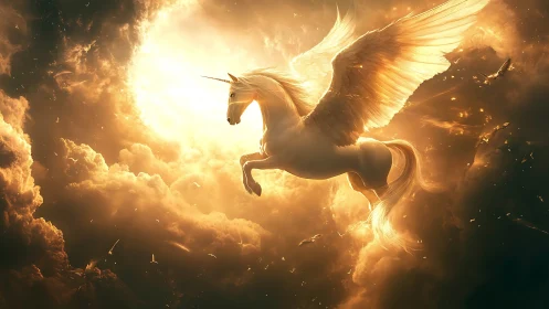 Radiant winged unicorn ascends through luminous storm clouds.