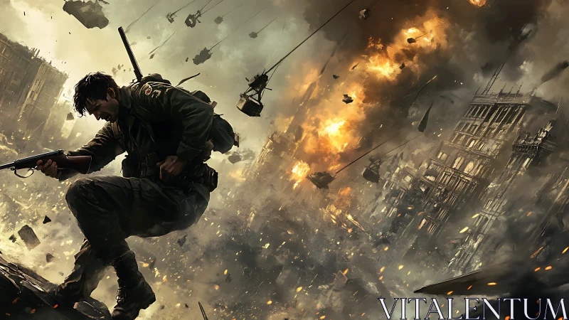 Soldier moves through collapsing city under heavy bombardment