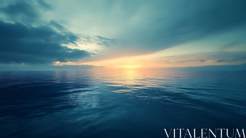 Open ocean horizon under layered clouds at sunset time.