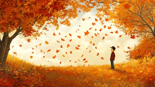 Quiet child beneath swirling autumn leaves at dusk.