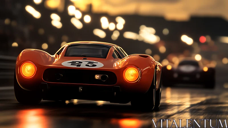 Sunset sprint with a glowing vintage race car on track.