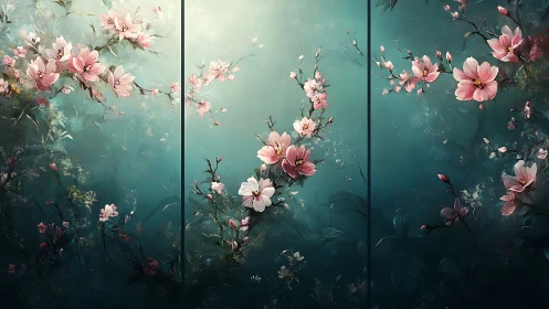 Dreamlike cherry blossoms drift across teal twilight panels.