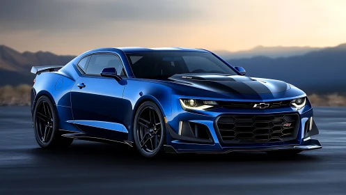 Sleek blue muscle car rests on open desert highway at dusk.