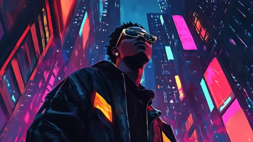 Neon-lit urban portrait under towering cyber cityscape.