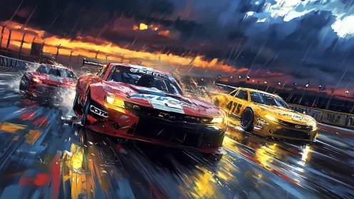Sports cars racing on wet track under stormy sunset sky.