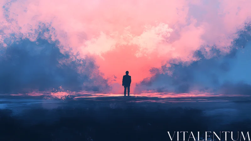 Silhouette figure against pink and blue atmospheric sky.