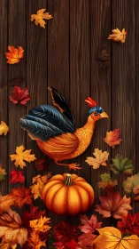 Autumn Rooster Composition with Pumpkin and Maple Leaves on Wood Surface