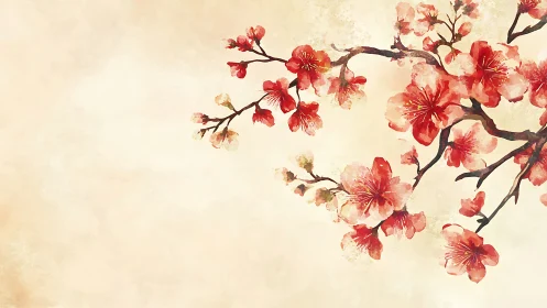 Cherry Blossoms on Branches Against Cream Background