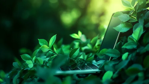Laptop partially obscured by dense green foliage outdoors.