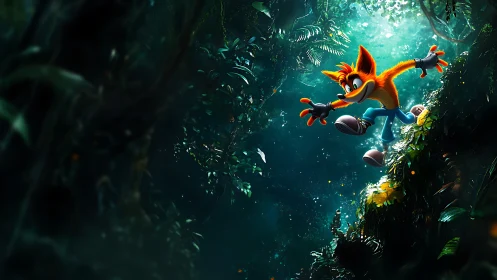 Cartoon fox hero leaps through glowing jungle light.