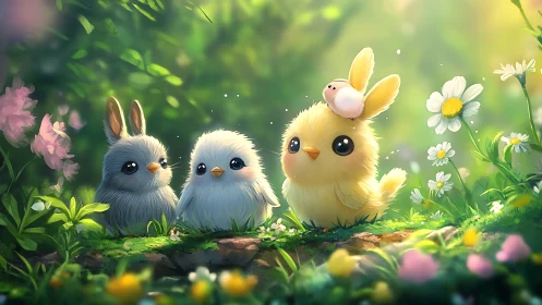 Small animal characters sitting in bright forest clearing.