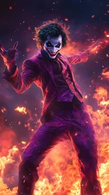 Clown-masked figure in magenta suit amid surrounding flames.