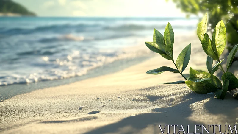 Green leaves and foamy shoreline on sunlit sandy beach.