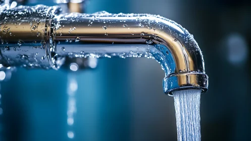 Chrome faucet close-up with flowing water and droplets.